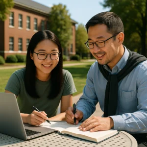 亚洲留学生在导师指导下进行编程与论文讨论，展示佳途课留学提供的学术辅导场景