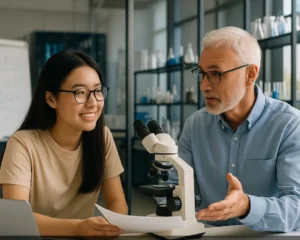 亚洲留学生在教授指导下参与科研项目讨论，展示佳途课留学提供的名校科研与背景提升辅导服务